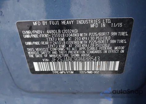 2016 Subaru Forester 2.5I z USA, uszkodzony, nr VIN JF2SJABC9GH488543